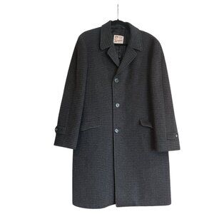 Vintage Karamoor Men's Charcoal Check Wool Overcoat Sz L/XL Dark Academia Heavy